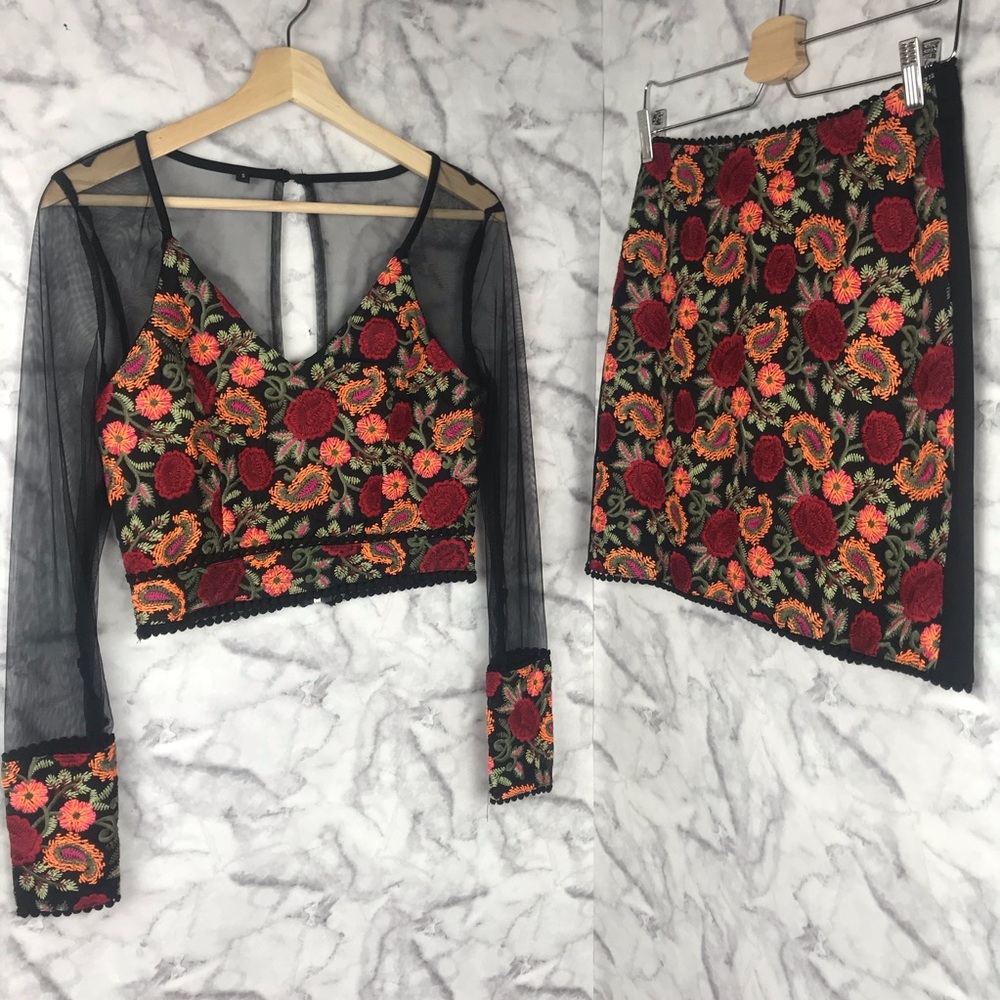 Floral Paisley Embroidered Two Piece Skirt Set